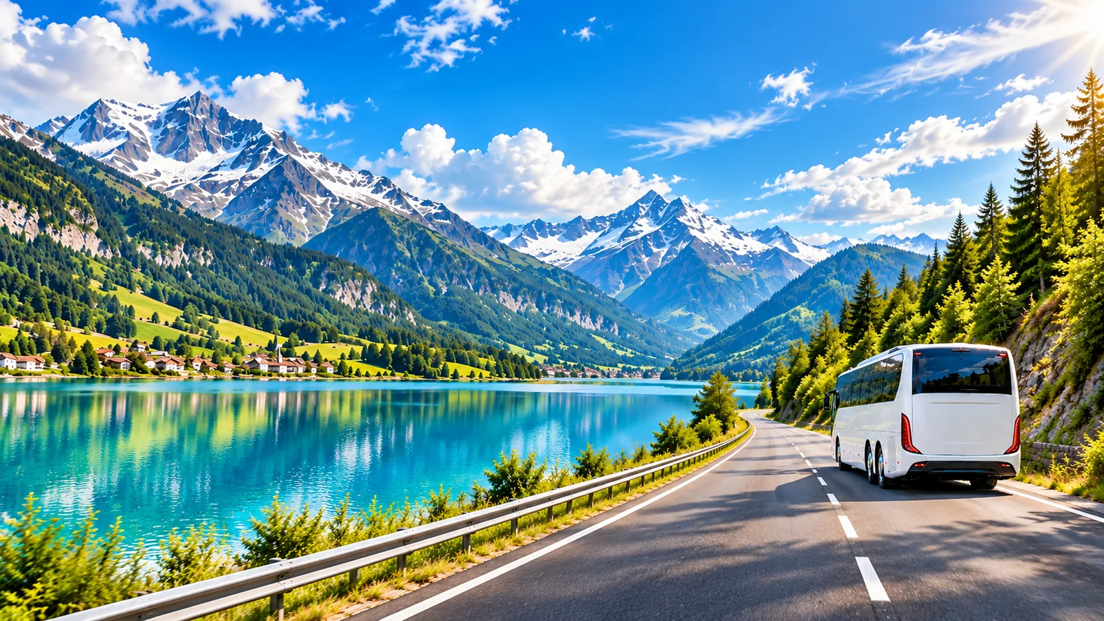 Fiktiver Reisebus auf der rechten Fahrbahnseite einer Alpenstraße entlang eines türkisblauen Sees