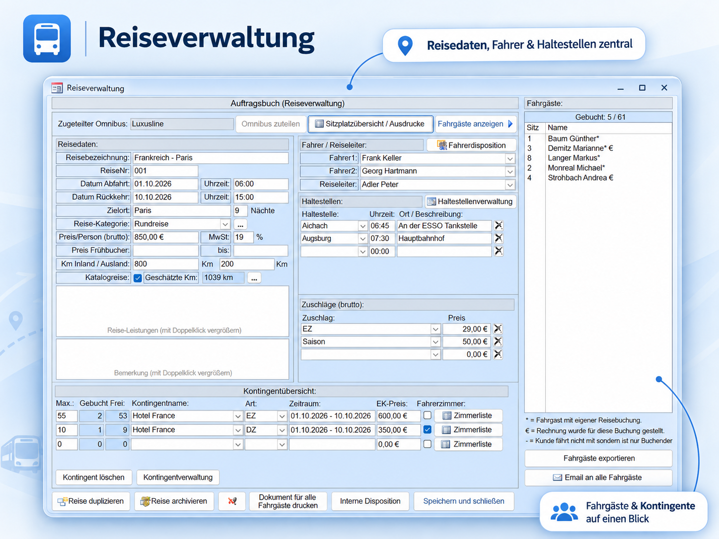 Originalansicht: Auftragsbuch und Reiseverwaltung im TravelManager
